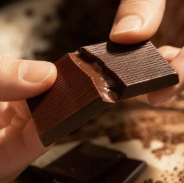 A hand breaking a square of MEDIVEX dark chocolate, showing its smooth centre