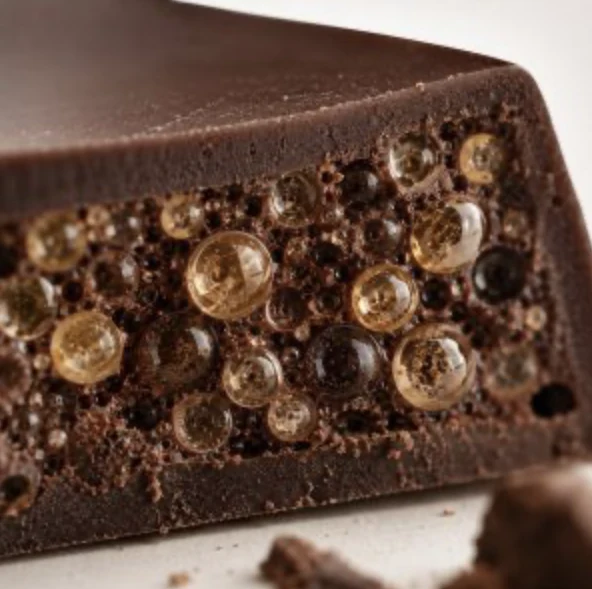 A MEDIVEX bar in cross-section, showing tiny oil droplets suspended in the chocolate